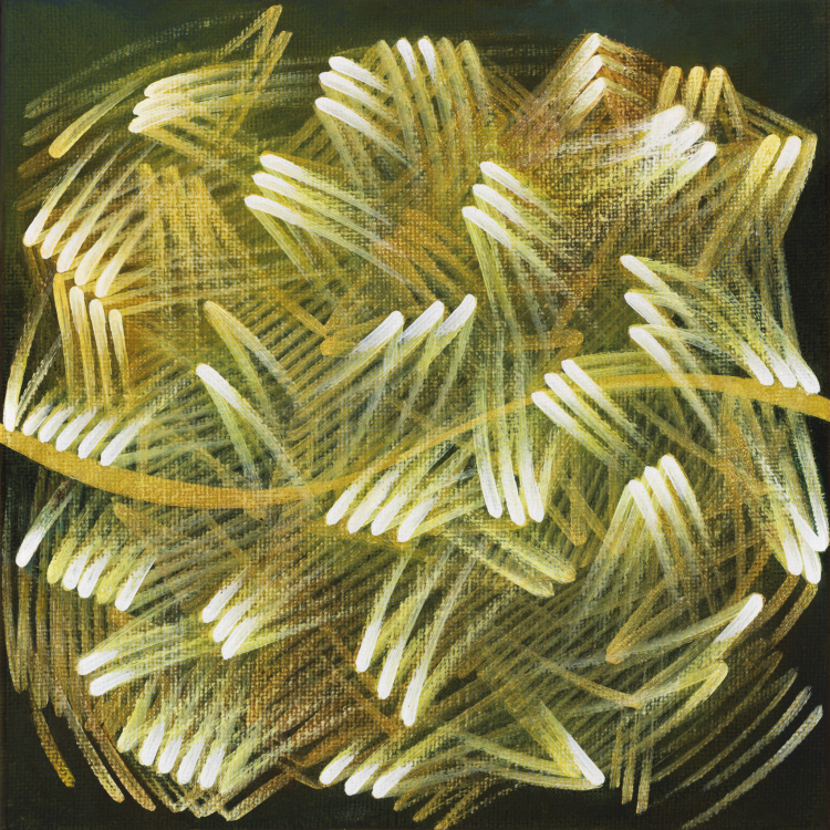 An abstract painting. On a black canvas, yellow zig zags, in patterns of threes, have been painted. Through the middle of the painting, from left to right, a ribbon of yellow has been painted.