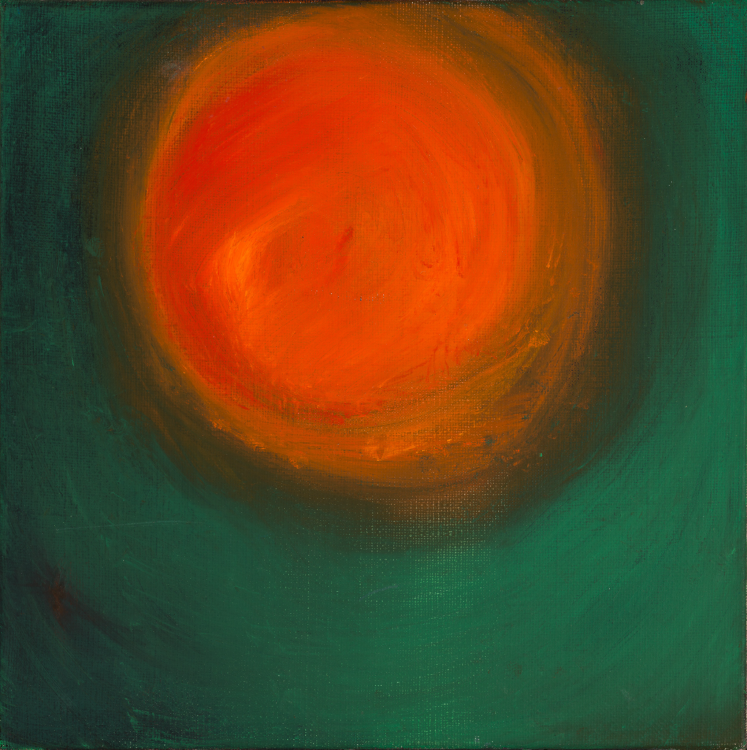 An abstract painting. A canvas has been painted blue, with large circular strokes. At the top of the painting, a large bright orange circle has been painted.