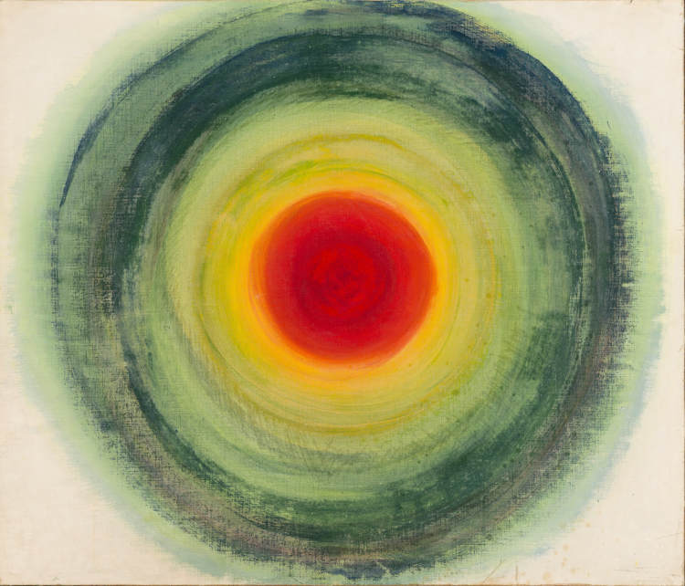An abstract painting. In a target pattern, circles of blue, then green, then yellow, then red at the centre, have been painted.