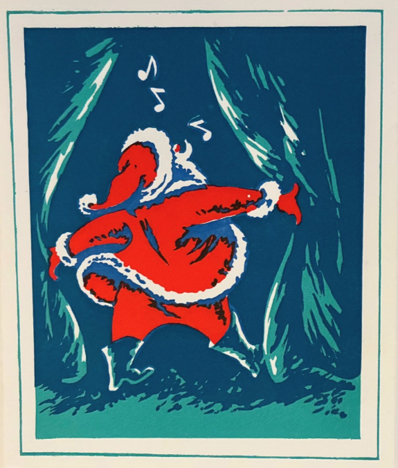 A Christmas card made around the 1940s. On a bright blue backgrouned, Santa merrily whistles as he draws apart curtains. 