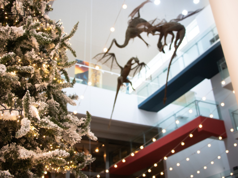 Snow on a Christmas tree inside the Ulster Museum with festoon lights and the willow dragons up above