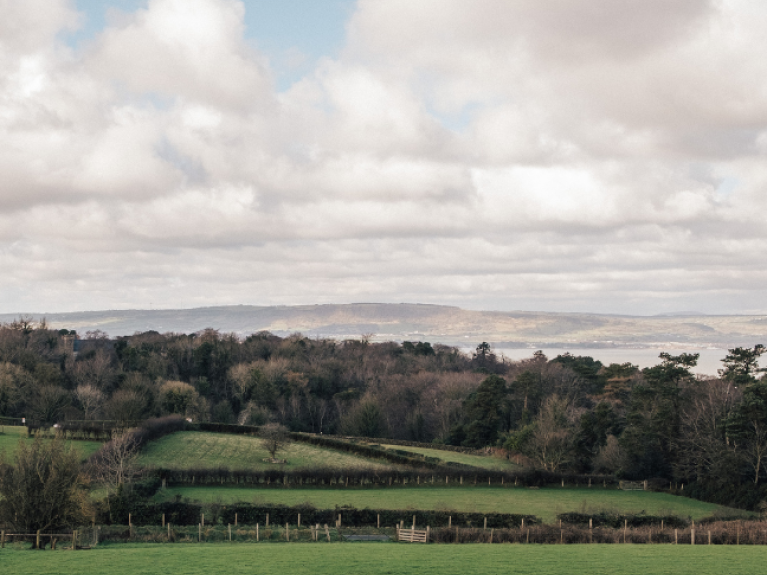 A view of country scenery: green fields, blue skies, and white clouds. 