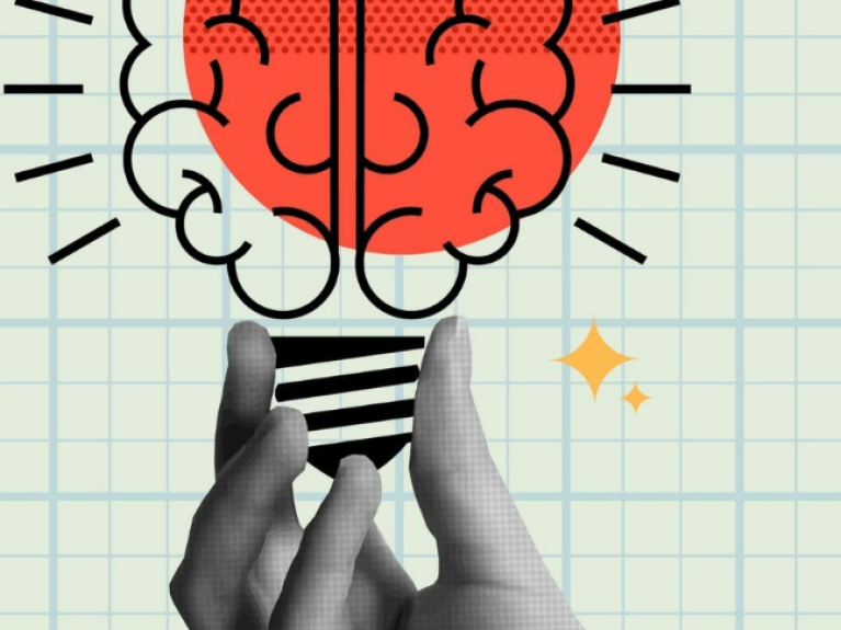 An illustration of hands holding a lightbulb and brain 