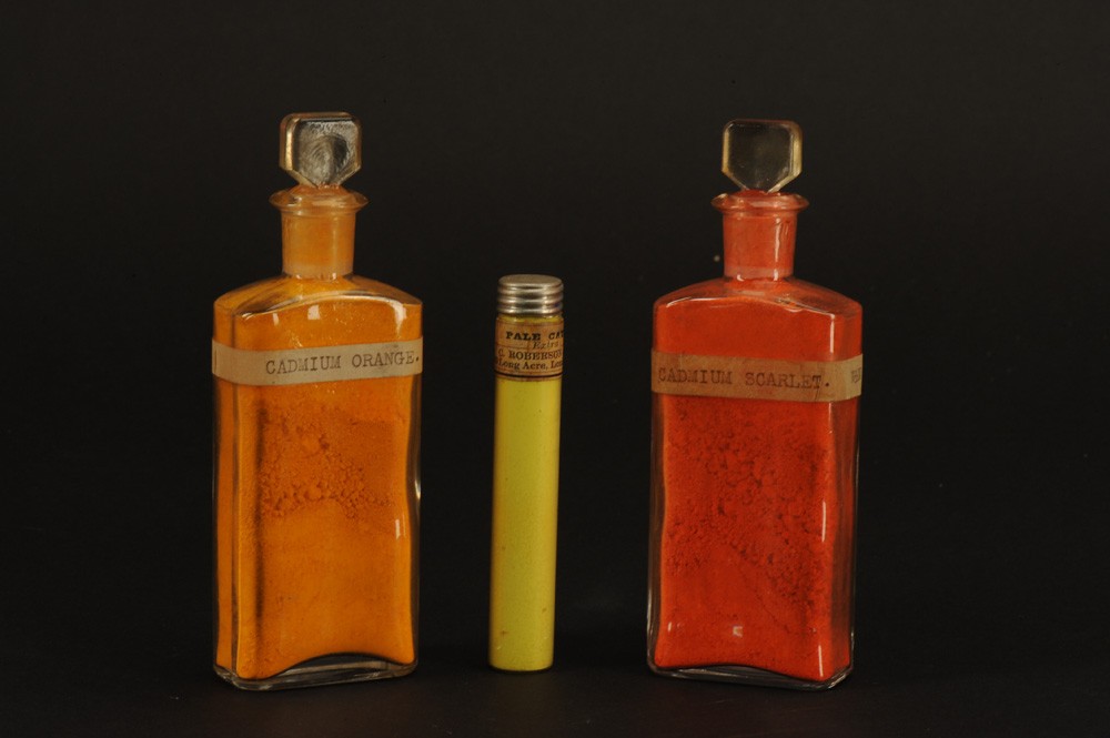 Three Glass Bottles of Cadmium Pigments