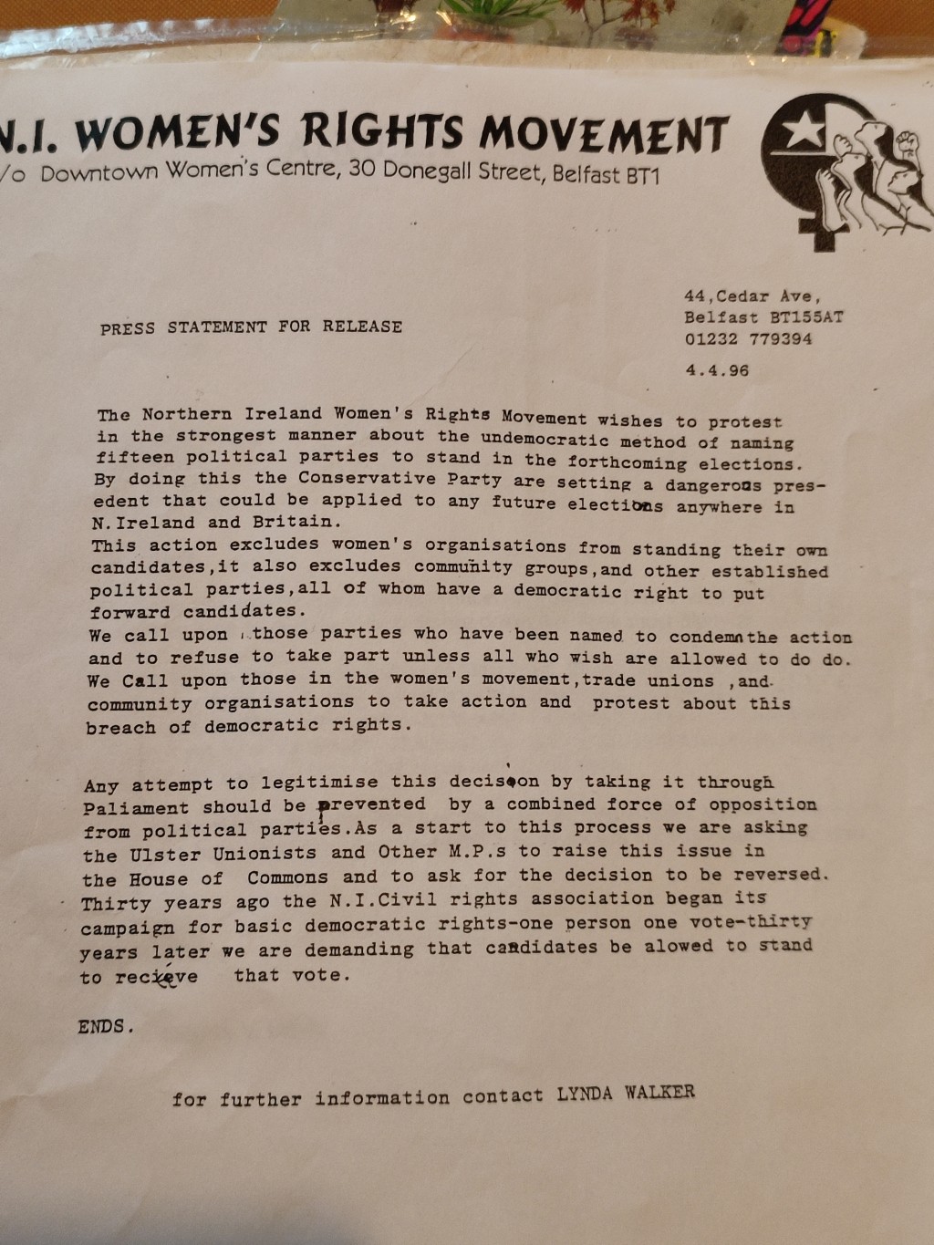 Womens Rights Movement: Press release from 1996