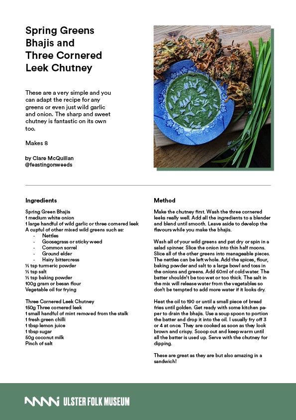 A recipe for Spring Greens Bhajis and Three Cornered Leek Chutney 