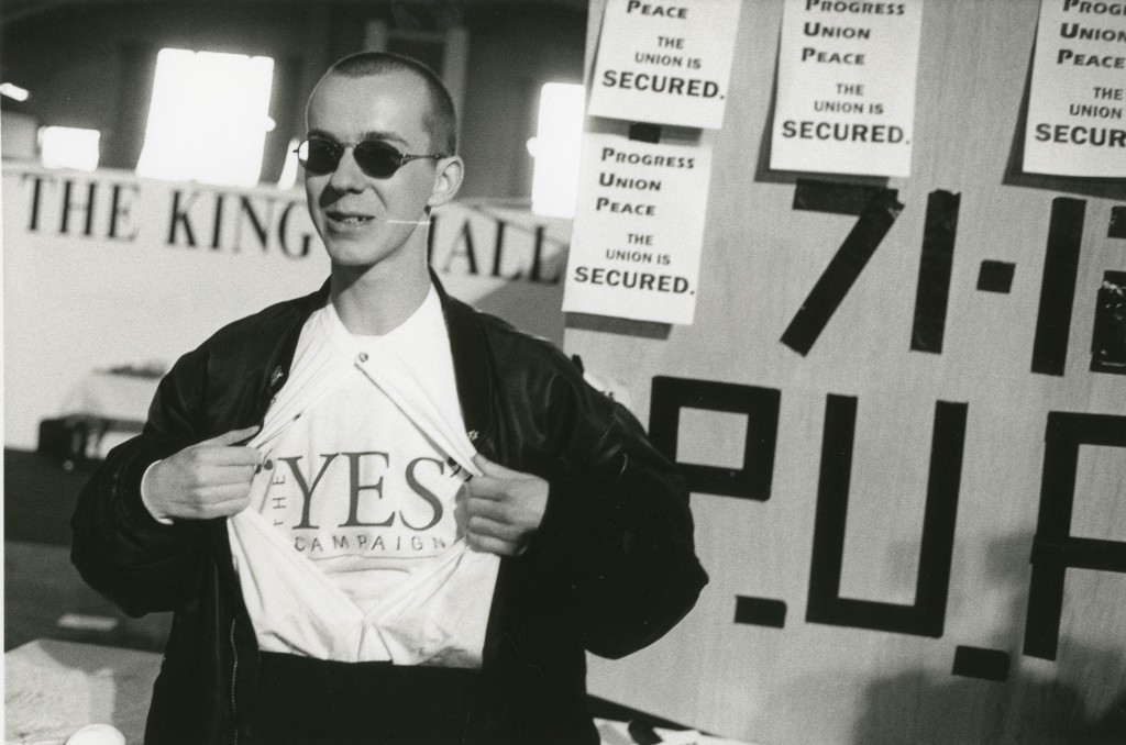 Campaigner for YES at Kings Hall, photograph by Frankie Quinn