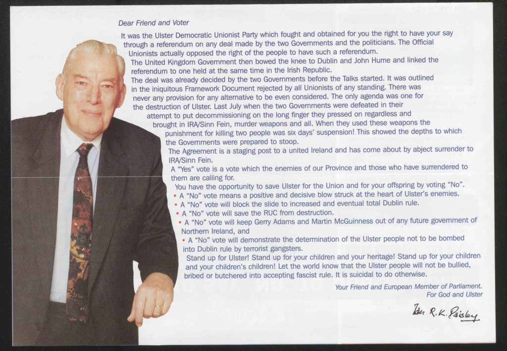 Image of Ian Paisley, along with a statement campaigning for 'No' in relation to the Good Friday Agreement referendum. 