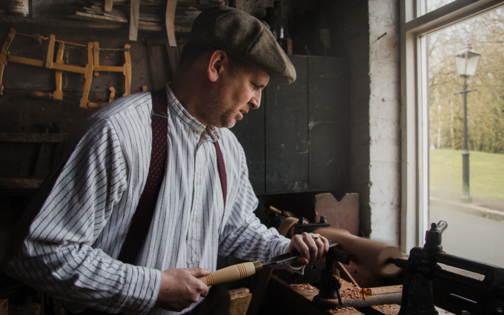 Carpenter Peter Sloan at Lathe