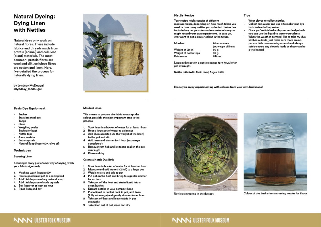 A jpg image that repeats the steps to dyeing linen with nettles found above.