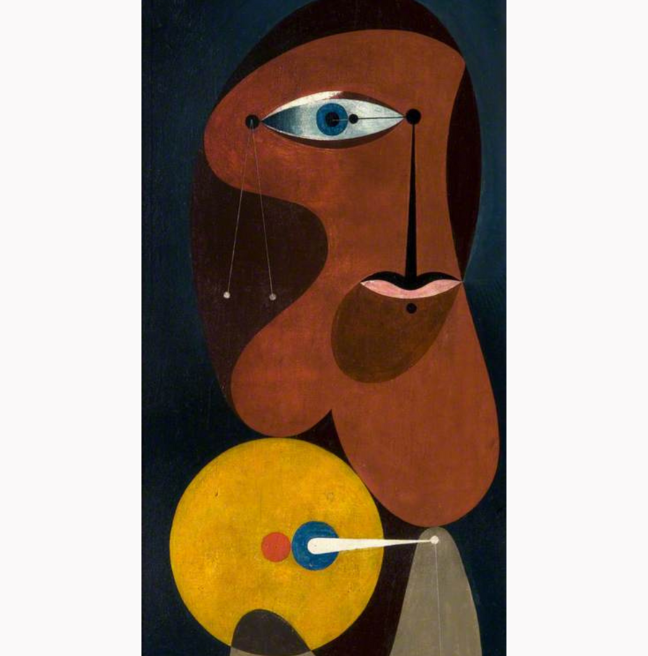 A Colin Middleton painting, If I Were a Blackbird (1941). Navy background with abstract brown and yellow shapes