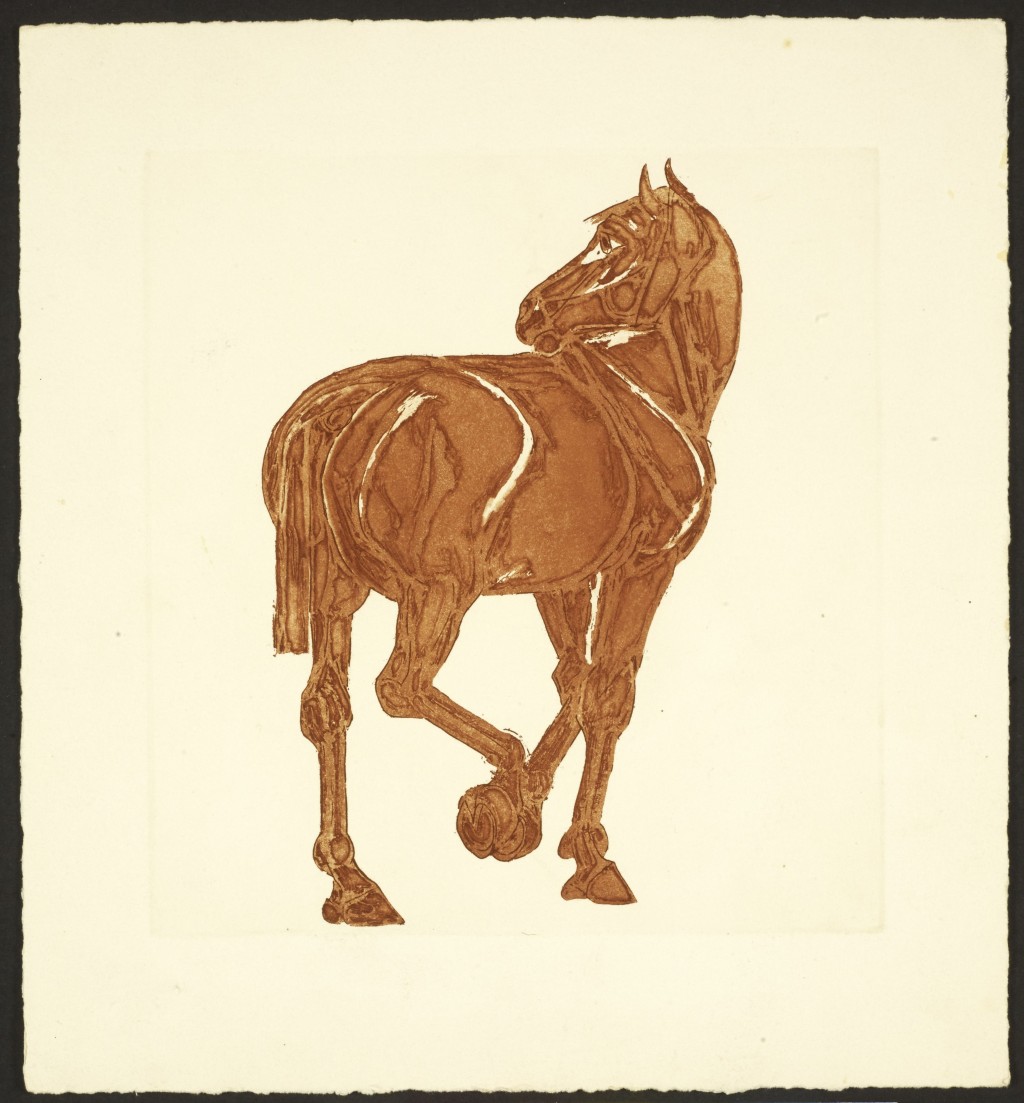 a painting of a brown horse on a white background 