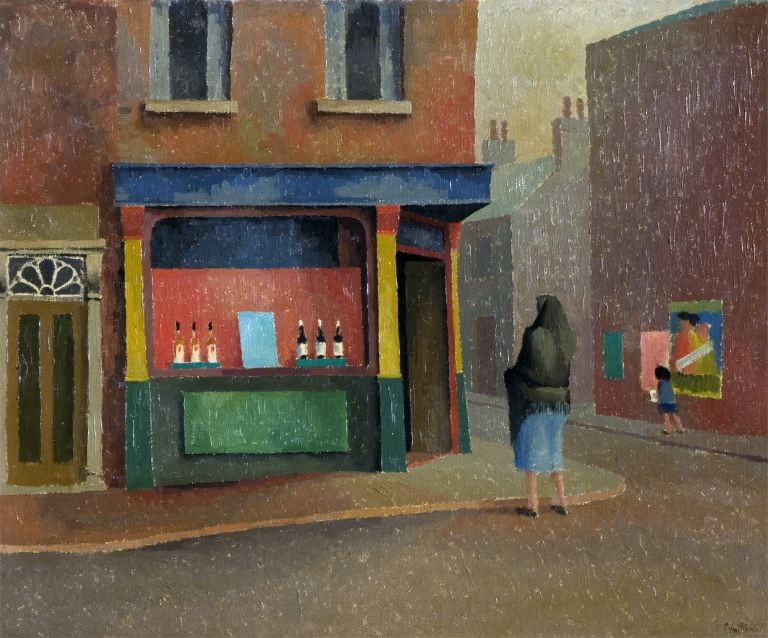 Painting by Colin Middleton, 'If I were a blackbird'. Image of a woman with a shall, standing outside a colourful shop front.
