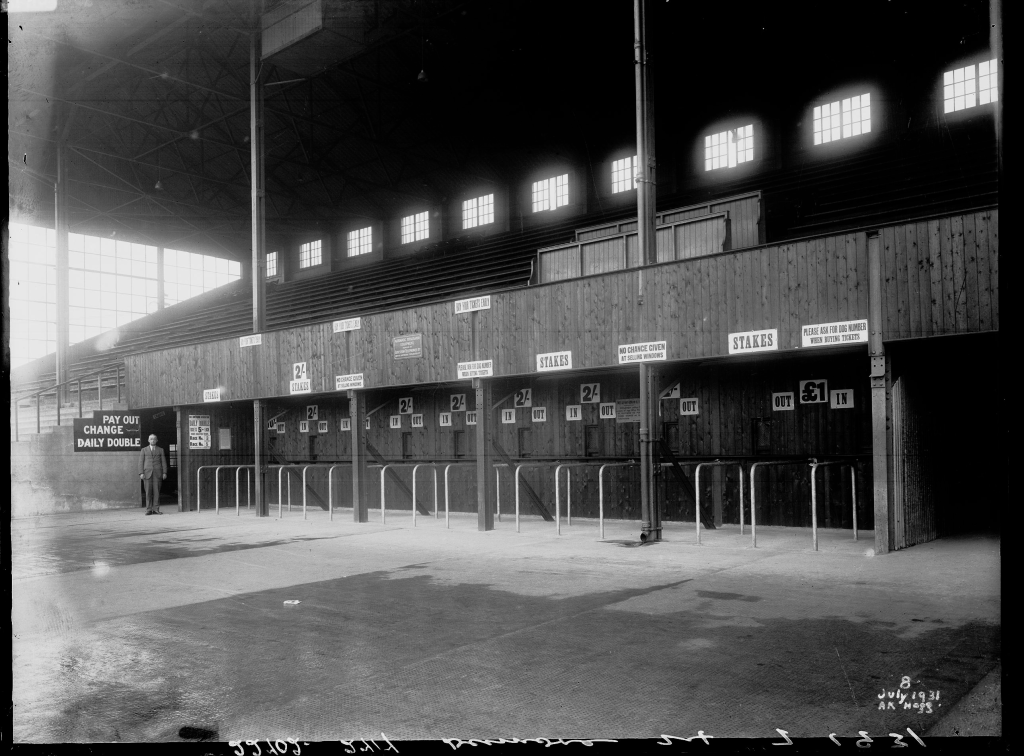 A black and white photograph of a dog racing stadium in Belfast in the 1930s.