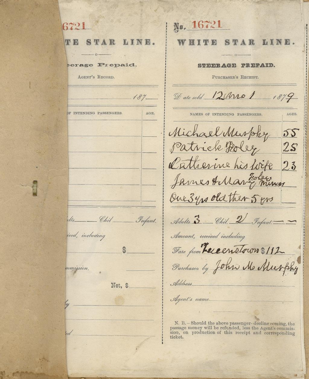 An old receipt for the White Star Line. The names of the passengers are handwritten in cursive, with their ages and relationships to each other listed.
