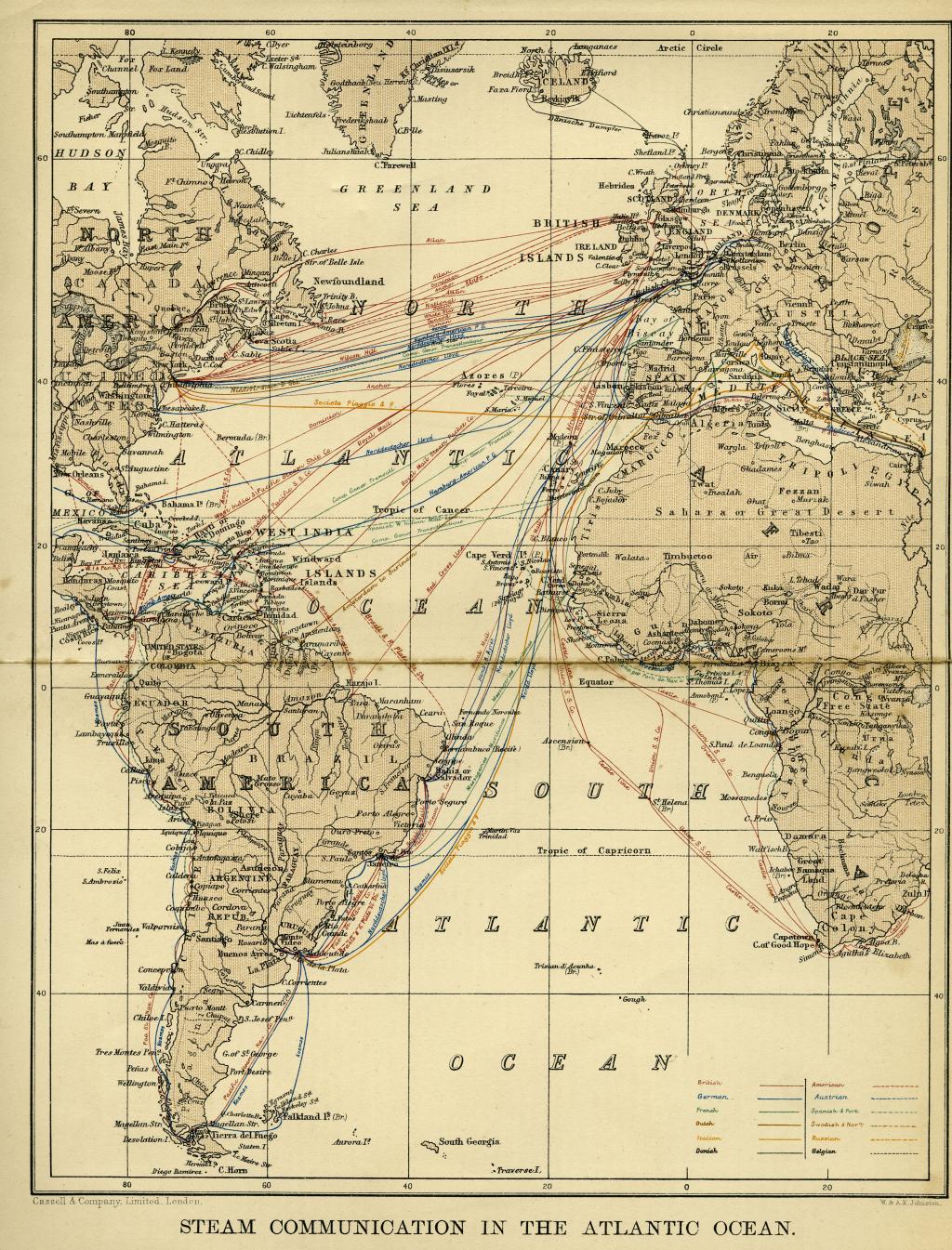 An old map from the 1880s that shows the shipping routes between Europe and Africa and the Americas. 