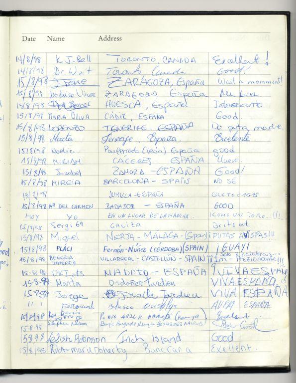 Visitor Guestbook at the Ulster American Folk Park during the day of the Omagh bomb on 15th August 1998