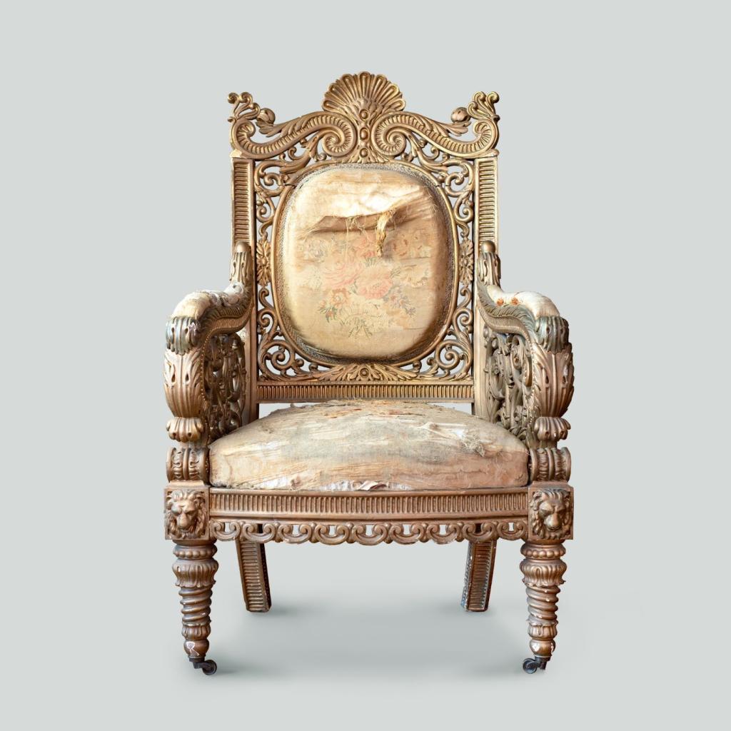 This is a depiction of the original throne used by King George V at the opening of the new Northern Ireland Parliament, at the City Hall in Belfast, on 22 June 1921.