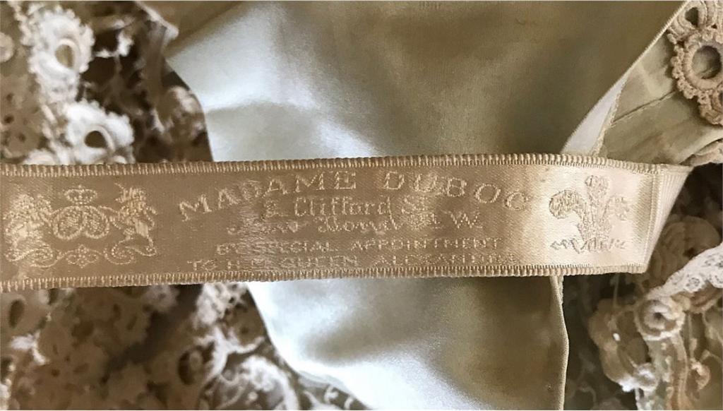 Detail of Madame Duboc label inside bodice of court dress
