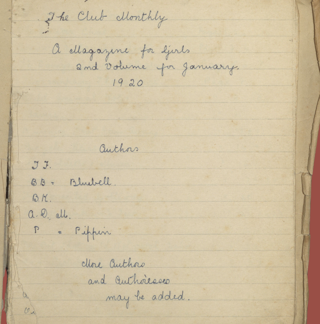 A magazine page reading 'the Club Monthly, a magazine for girls. 2nd volune for January. 1920.'