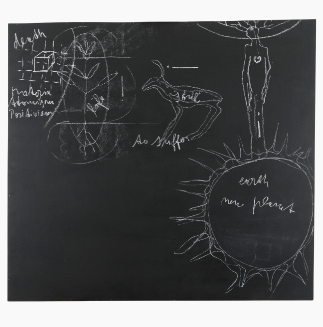 A blackboard with an esoteric chalk drawing.