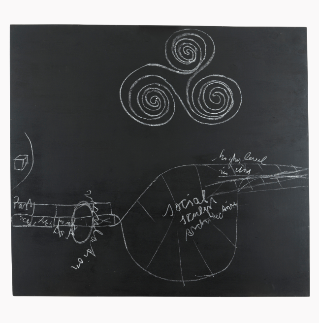 A blackboard with an esoteric chalk drawing.