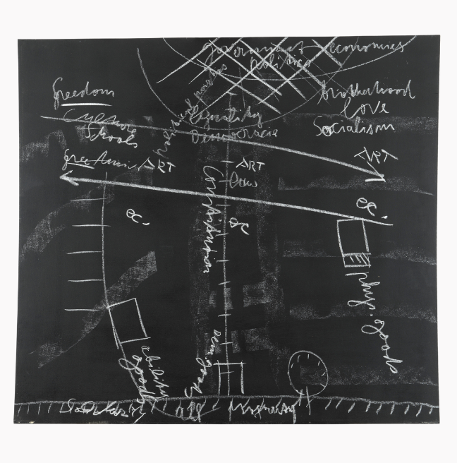 A blackboard with an esoteric chalk drawing.
