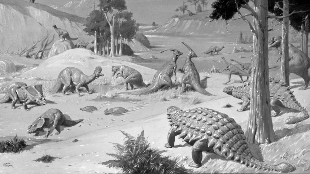 An illustration of a nature scene with dinosaurs dotting the landscape.