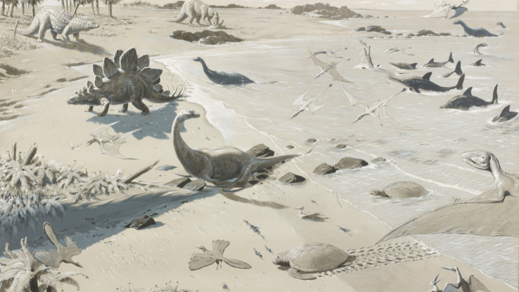 A illustration of an imagined Jurassic seaside scene.