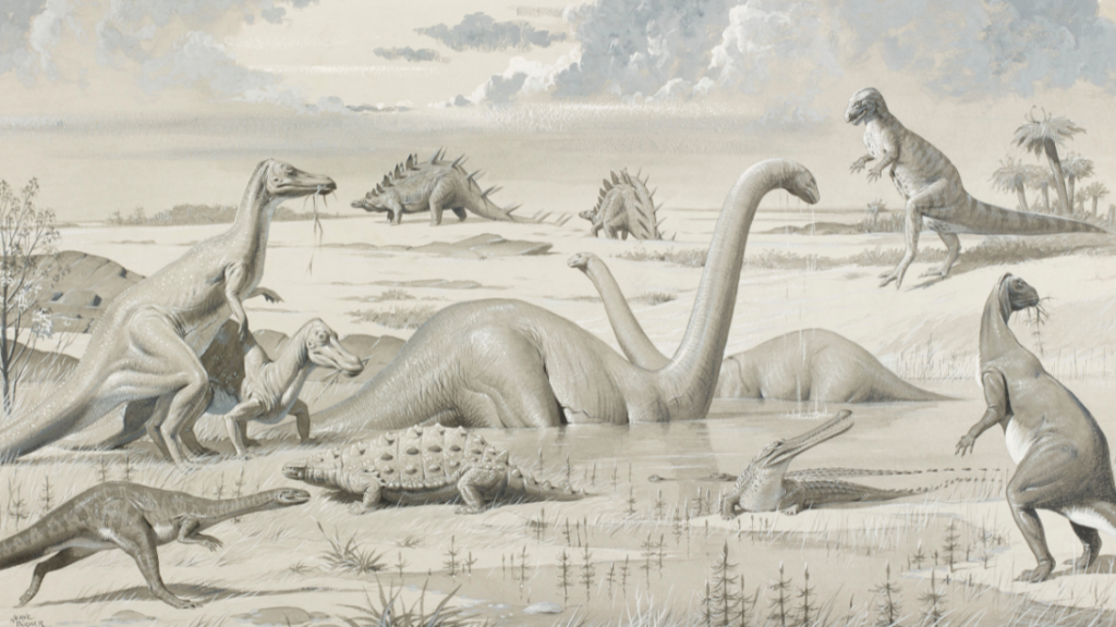 A illustration of an imagined dinosaur scene, with dinosaurs in a lake and on the lake edge. 