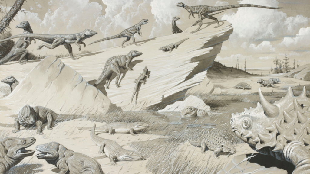 An illustration of a scene of dinosaurs roaming ancient Scotland.