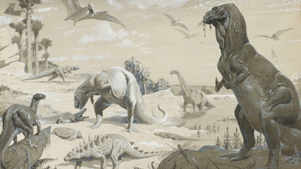 An illustrated scene of dinosaurs in the landscape that would become the arid Gobi Desert.