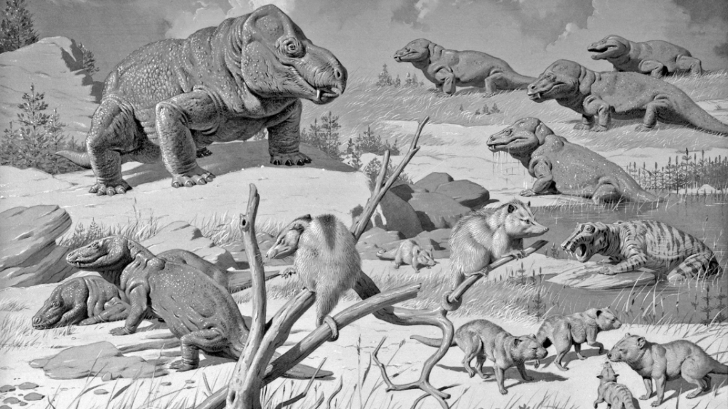 An illustrated scene of lots of dinosaurs.