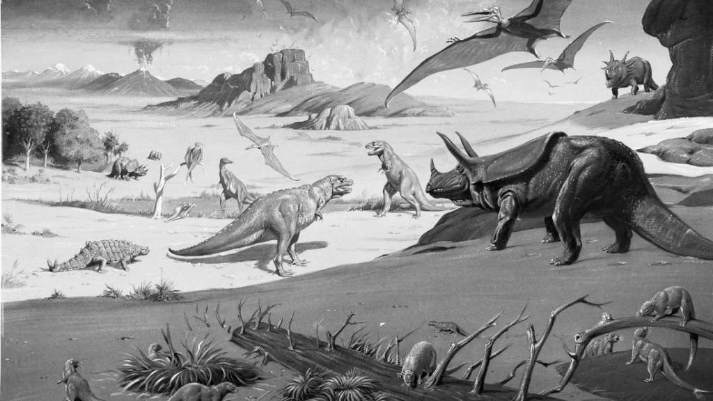An illustrated scene of dinosaurs dotting the landscape. A volcano is erupting in the background.