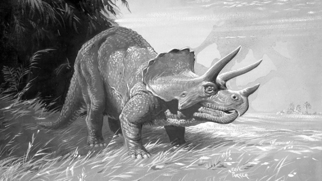 A drawing of a triceratops in its habitat.