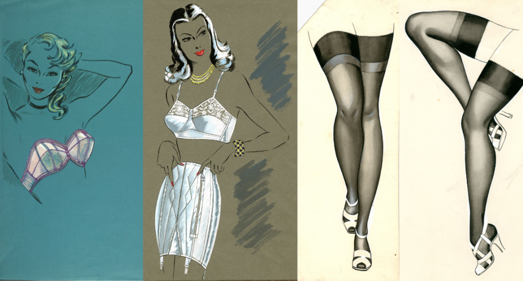 Four illustrations of various items of lingerie.
