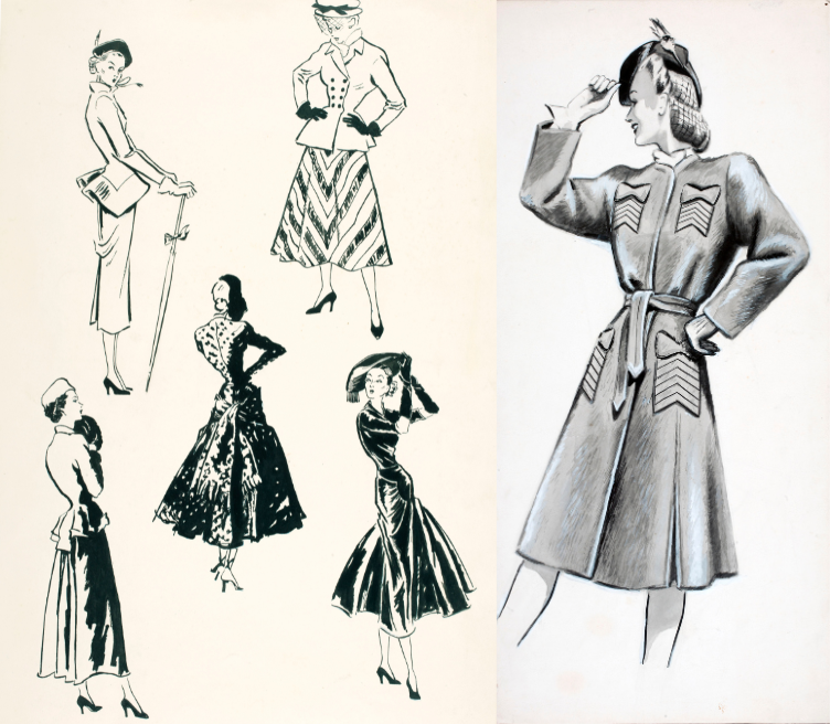 A series of illustraions featuring women in the latest 1950s fashions.