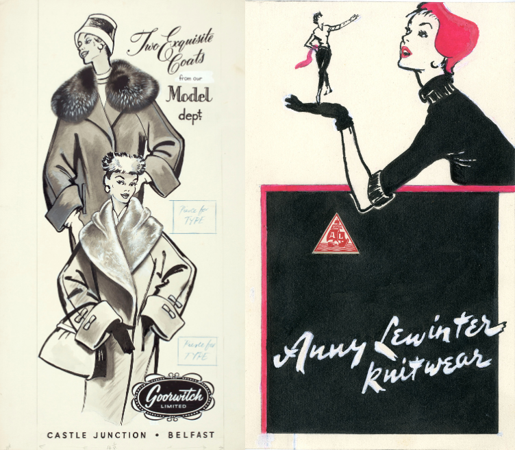 Two illustrated advertisements featuring women wearing the latest fashions of the mid 1900s.