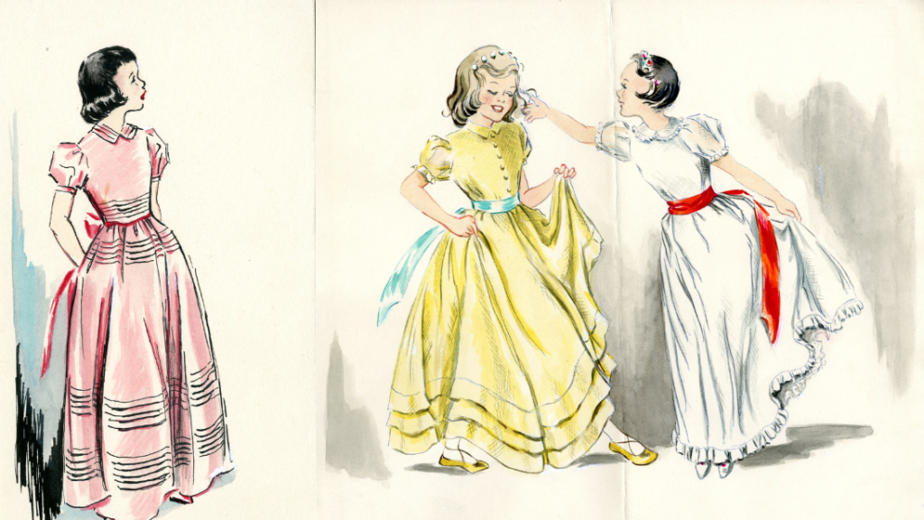 An illustration of three young girls in long, flowy bridesmaids dresses.