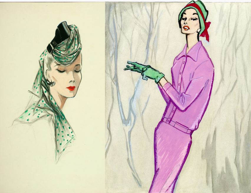 Two illustrations - in one, a woman wears a fancy green hat; in the other, she wears a different green hat and a bright green suit.
