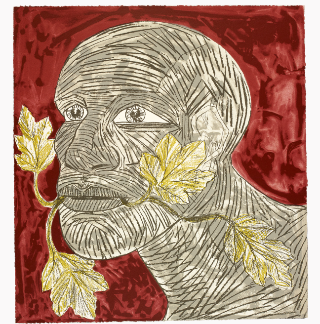 A painting of the mythological figure 'the Green Man', on a bright red background. 