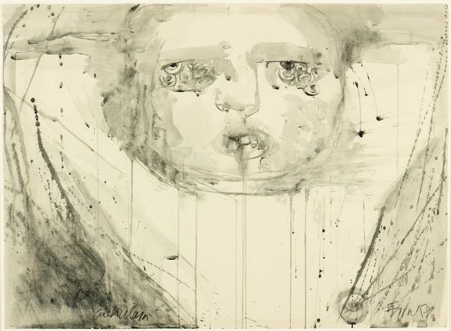 A paintwork depicting a man, Cuchulain, in black and white.