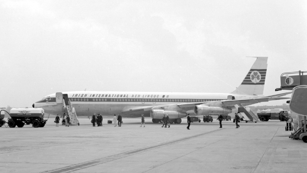 A black and white photograph showing an Aer Lingus aeroplane.