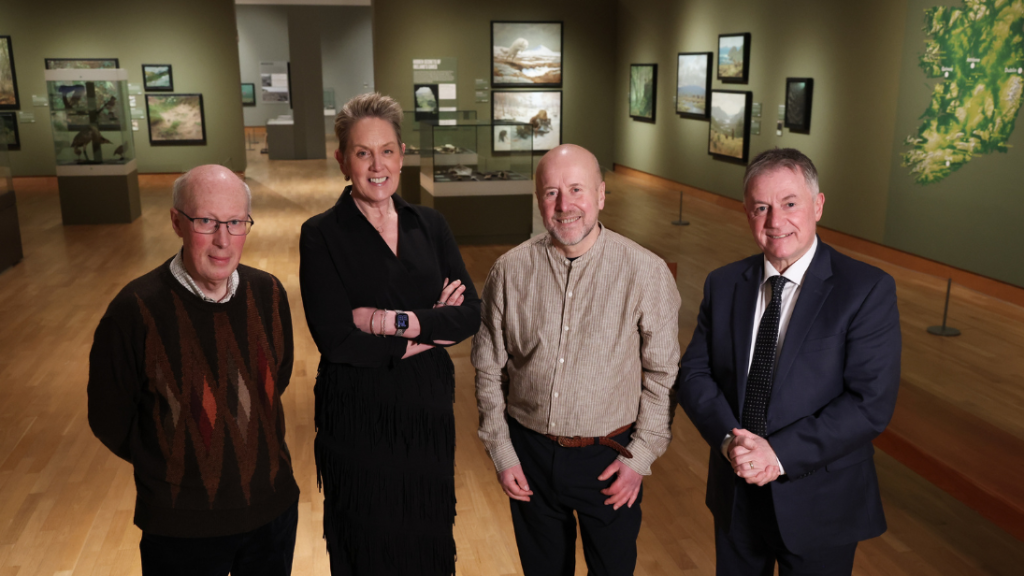 A picture of Dr Mike Simms, Kathryn Thomson and Julian Friers in the Wild Ireland: Past Present Future Exhibition at the Ulster Museum