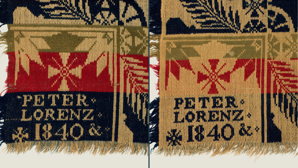 The front and back of the corner of a woven coverlet. In both, the pattern reads 'Peter Lorenz 1840', but in contrasting colours.