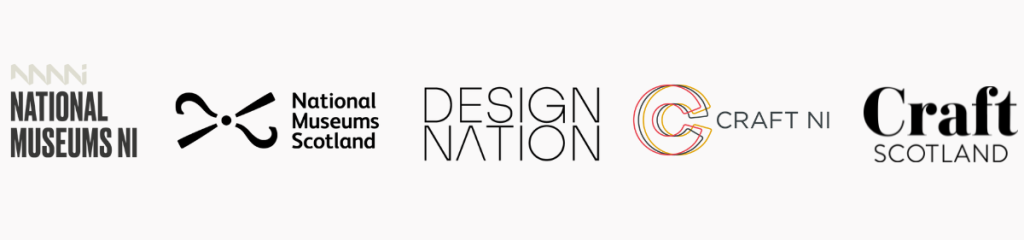 A line of logos, starting with National Museums NI in black and grey text and design, next is National Museums Scotland in black text, followed by Design Nation in black text, Craft NI in black text with an orange and yellow coloured icon and lastly Craft Scotland in black text.