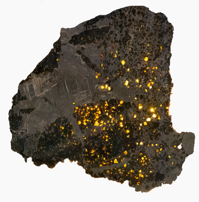 A big meteorite, dark grey in colour, with flashes of yellow throughout.