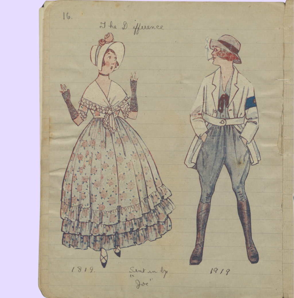 A drawing from 1920 with two women, captioned: 'The difference - 1819-1919', showing how fashions have changed