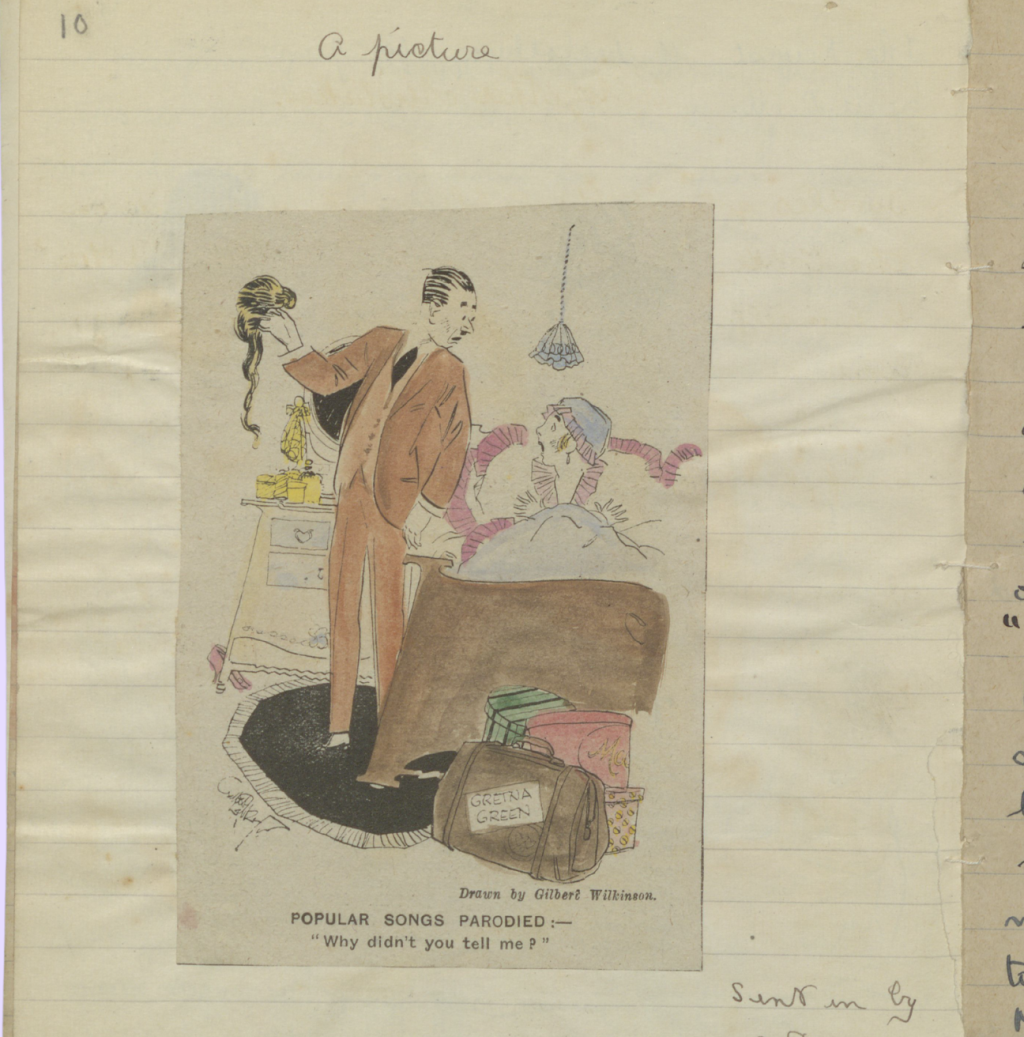 A parody cartoon showing a man, having eloped to Gretna Green with his lover, holding up her wig and asking, 'why didn't you tell me?'