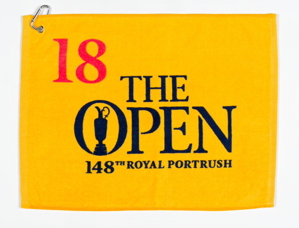 A commemorative golf towel from the 148th Open at the Royal Portrush Golf Club.